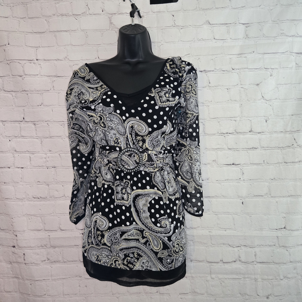 Y2k Essentials Polka Paisley Dot V-Neck Babydoll Top Xl buckle tie back Retro